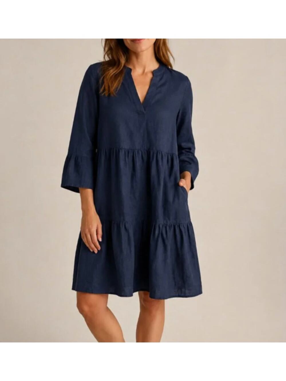 Boden Sophia Linen Tiered Shift Navy Dress Size 8